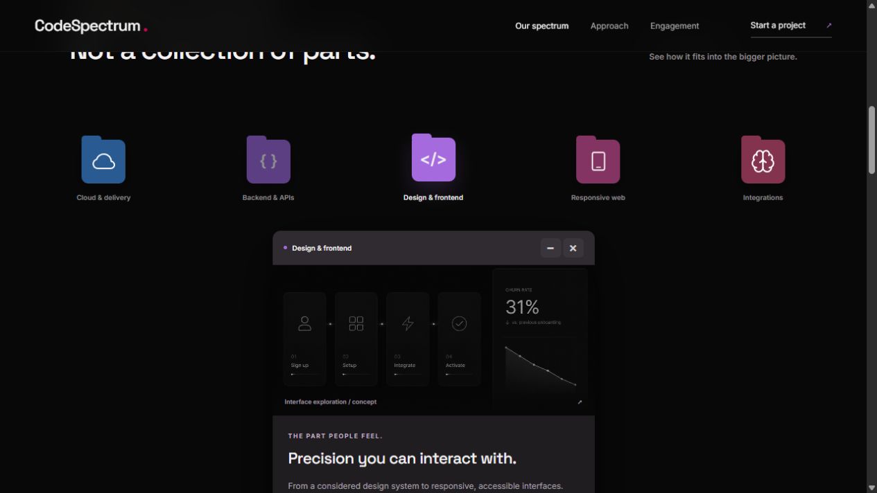 Five colored folders and the open Design and frontend window